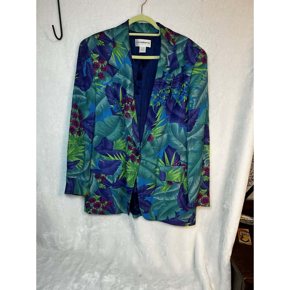 Liz Claiborne Collection Vintage Tropical Floral Blazer Blue Green Teal‎ Sz 14